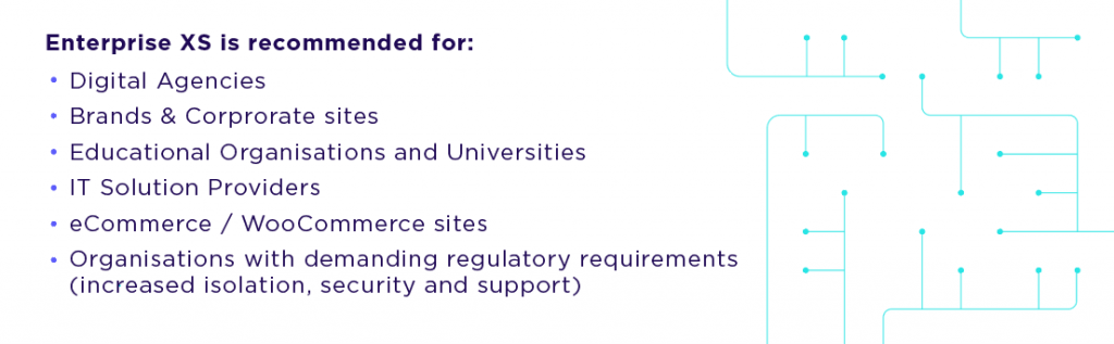 Enterprise XS is recommended for: Digital Agencies, Brands & Corporate sites, Educational Organizations and Universities, IT solution providers, eCommerce/WooCommerce sites, and organizations with demanding regulatory requirements (increased isolation, security and support)