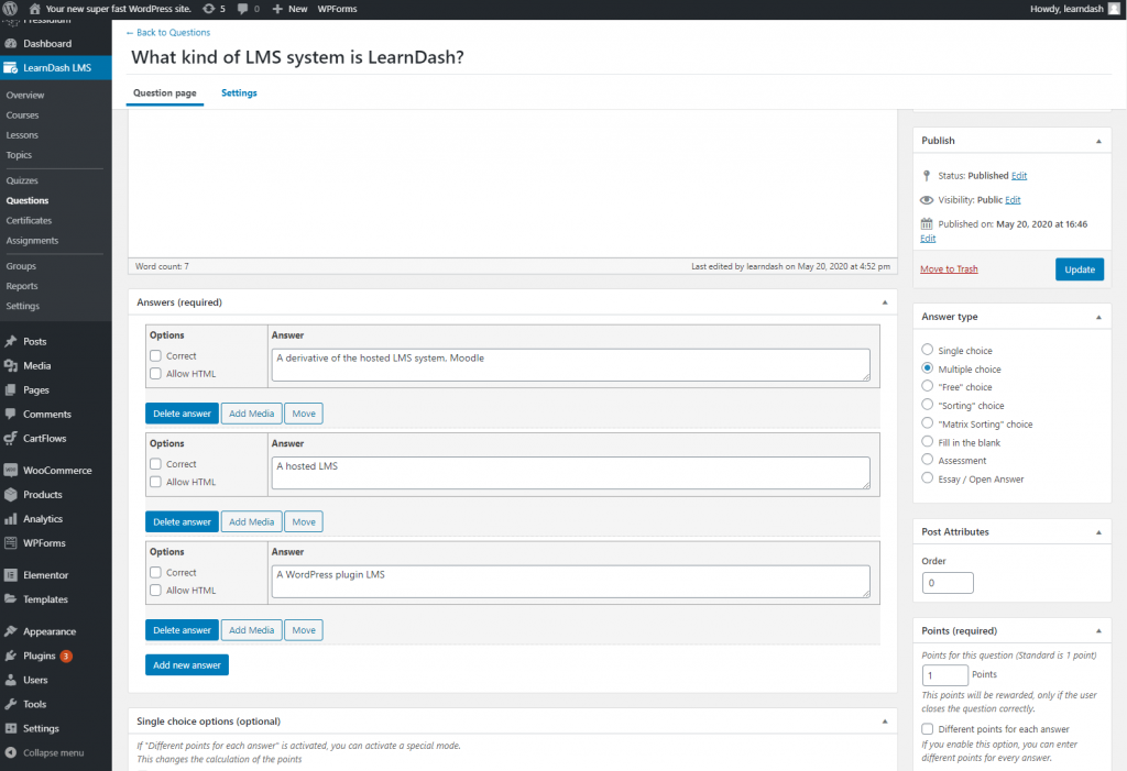 Multiple Choice questions in LearnDash