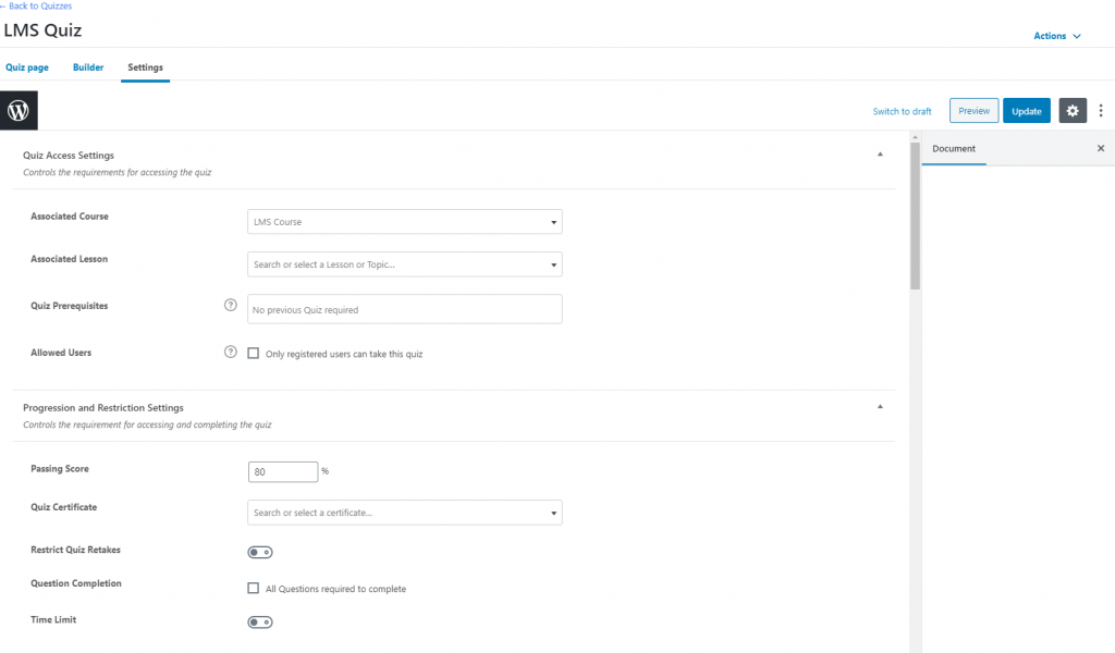 LearnDash Quiz Settings