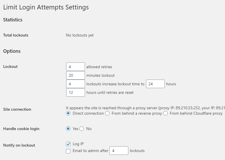 Limit Login Attempts settings