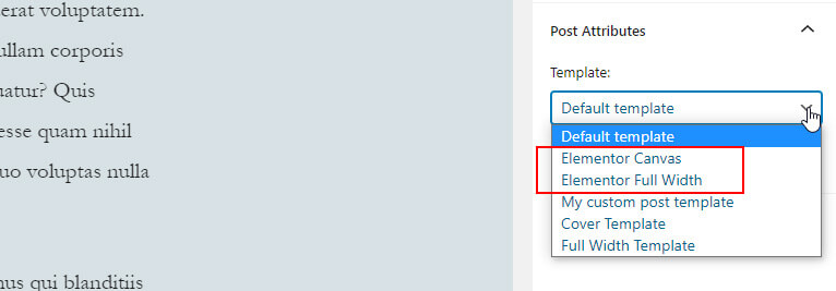 Custom Templates with Elementor - template menu