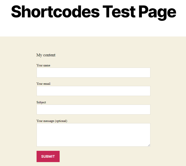 wordpress shortcode test page front view