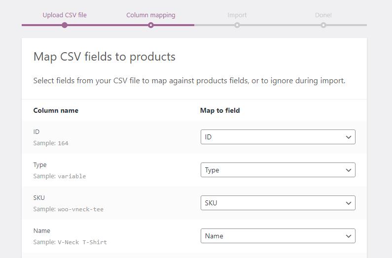 map woocommerce import products fields