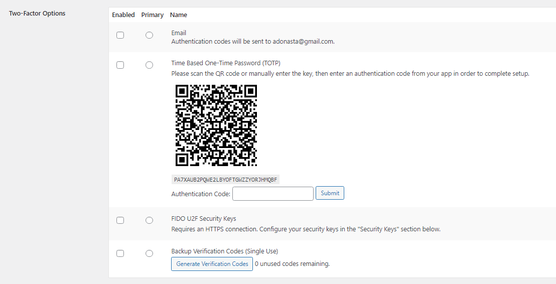 The Two-Factor Plugin options