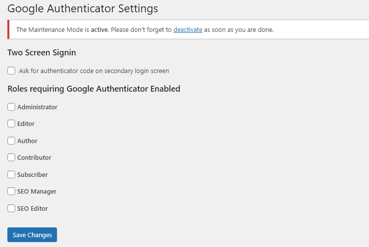 The Google Authenticator settings
