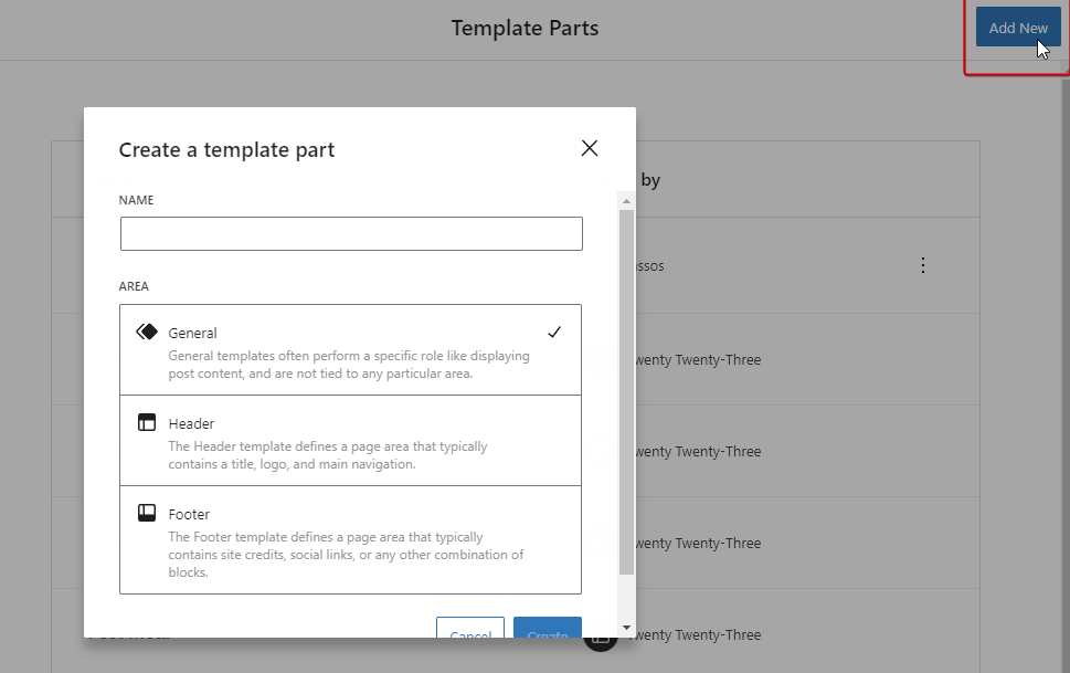 wp fse new template part