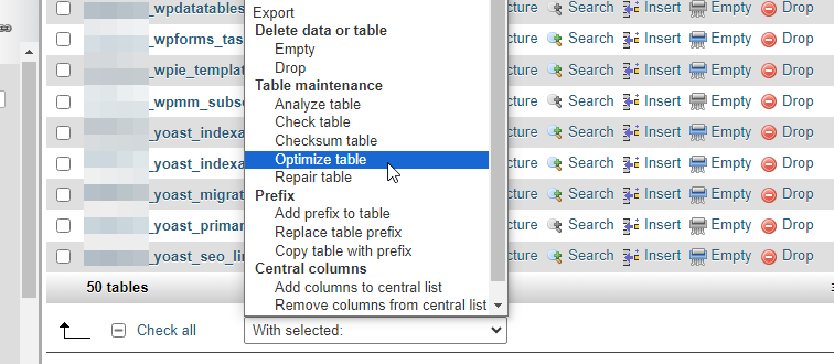 Optimize table in phpMyAdmin