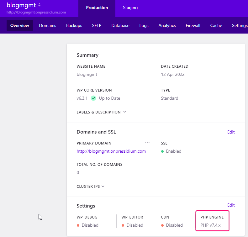 Pressidium Dashboard - Check WordPress PHP Version before Upgrading