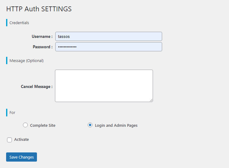 HTTP Auth WordPress plugin settings