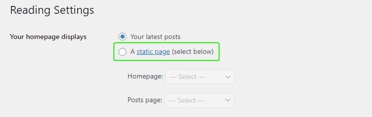 WordPress reading settings: select a static page as homepage