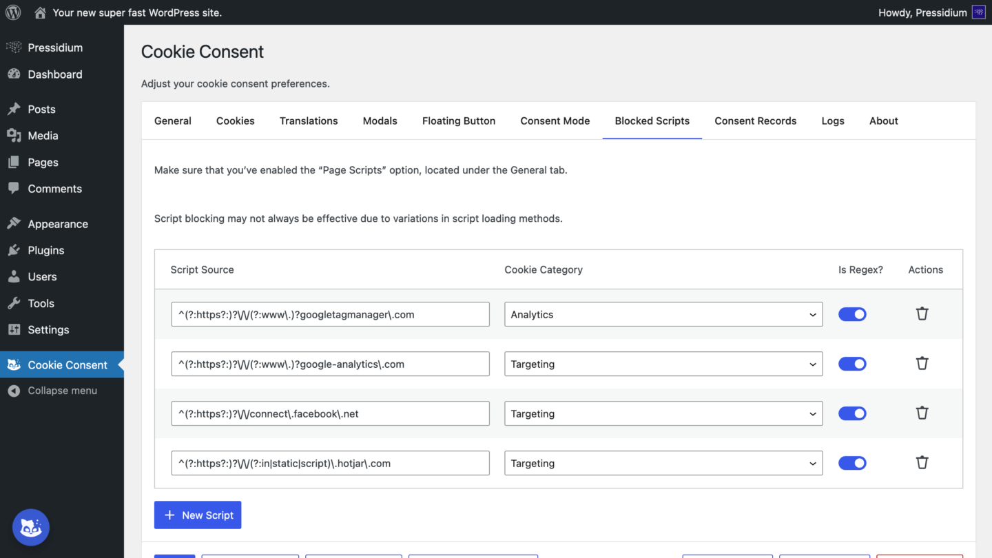 Cookie Consent Plugin Settings: Blocked Scripts