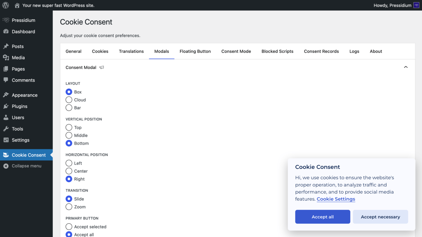 Cookie Consent Plugin - Modal Settings