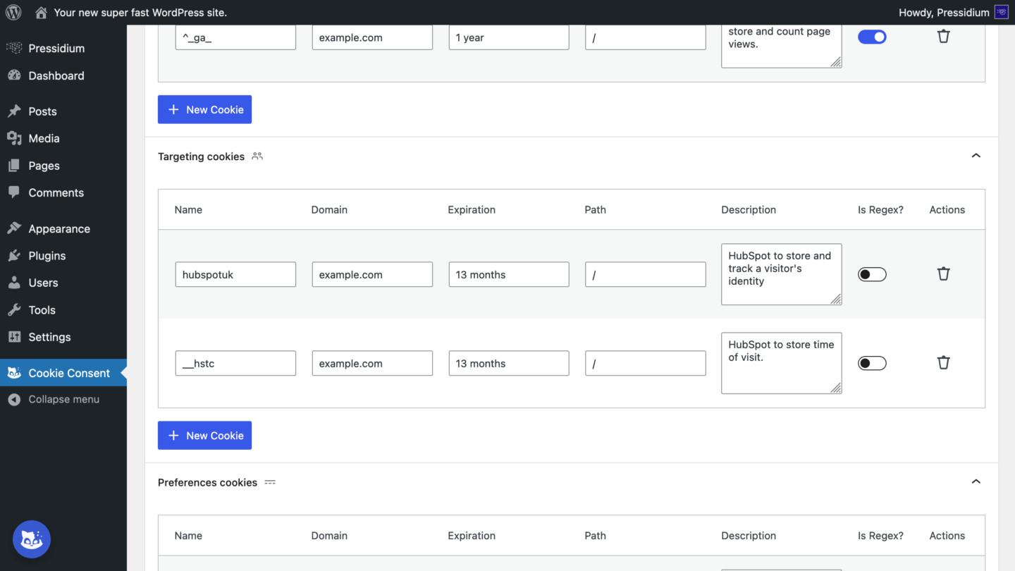 Cookie Consent Plugin - Cookies Settings