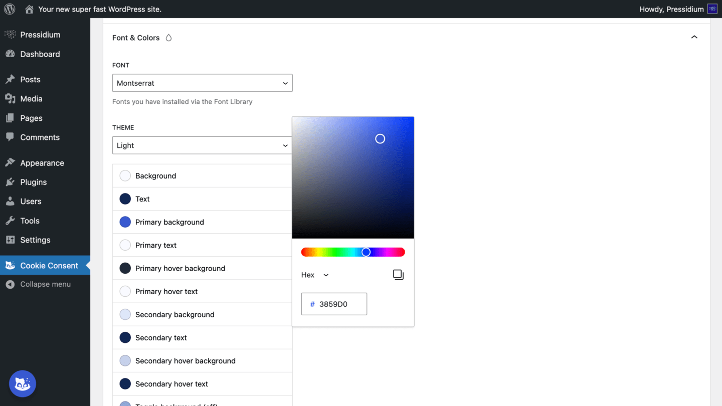 Pressidium Cookie Consent Plugin - General Settings: Fonts & Colors