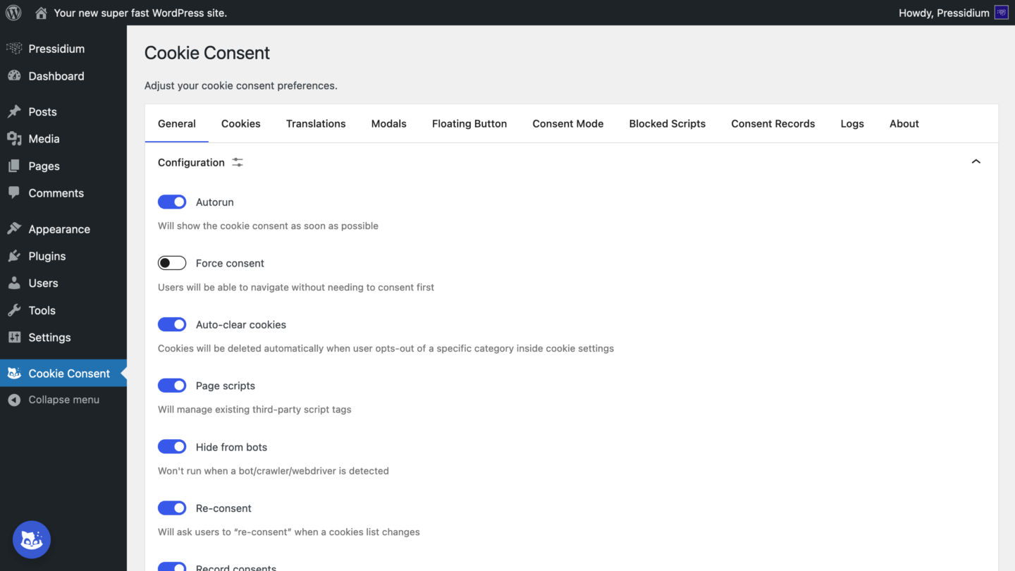 Pressidium Cookie Consent Plugin - General Settings: Configuration