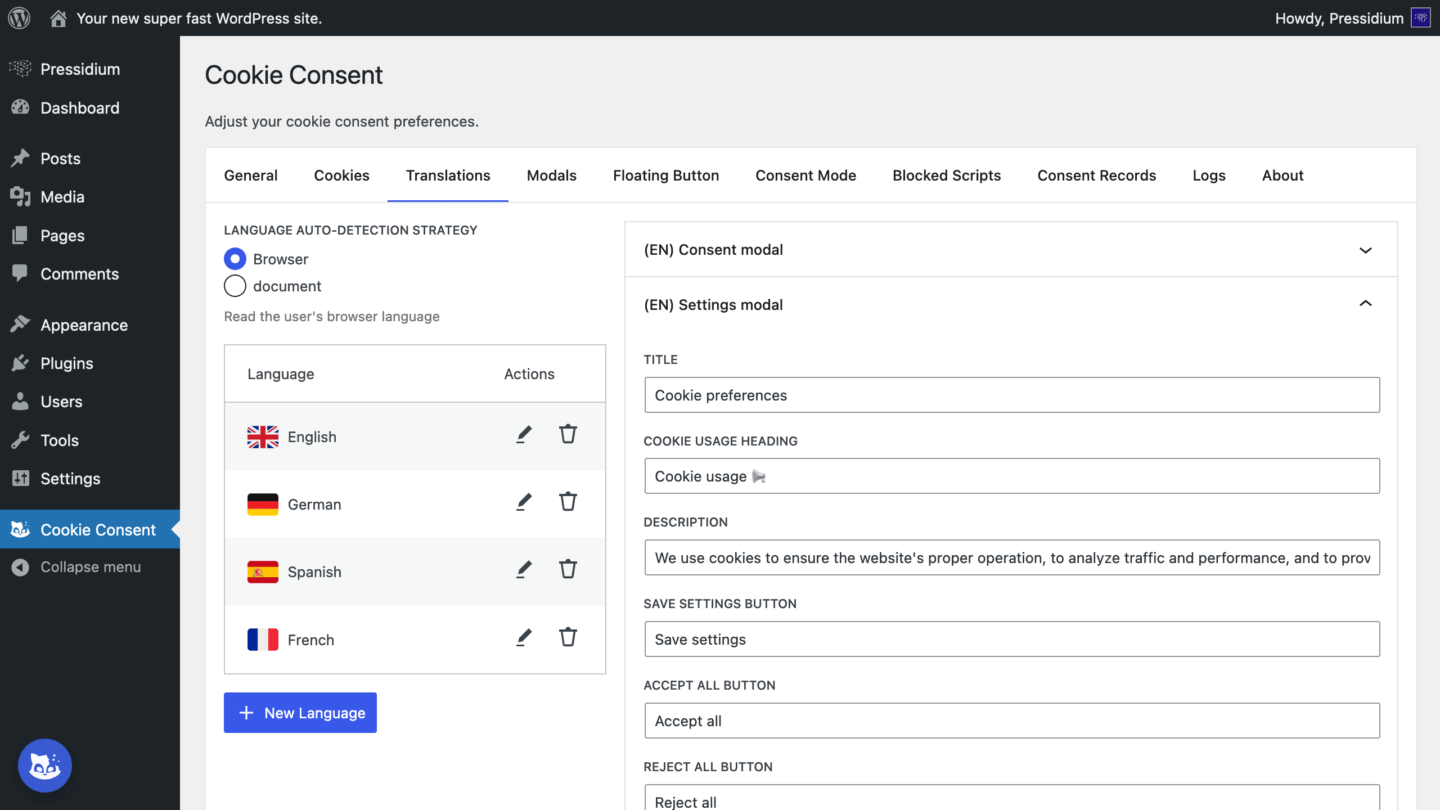 Cookie Consent Plugin - Translation Settings